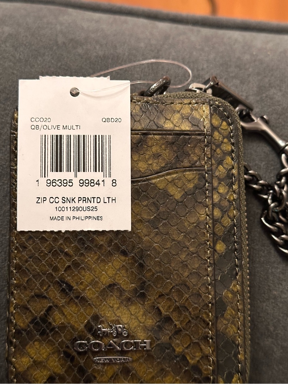Coach Zip Card Case Wallet With Snake Print Leather - Gunmetal/Olive nwt - Picture 5 of 14